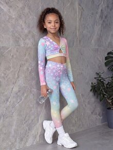 SHEIN Young Girls' Long Sleeve Crop Top And Leggings Set, Baby Pink, All-Over Star Print, Twist-Front V-Neck, Solid, 7th Birthday Fall Cowgirl - Black - View 3