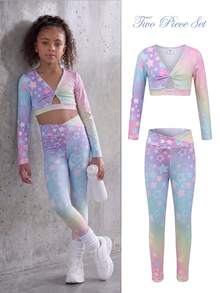 SHEIN Young Girls' Long Sleeve Crop Top And Leggings Set, Baby Pink, All-Over Star Print, Twist-Front V-Neck, Solid, 7th Birthday Fall Cowgirl - Black - View 2