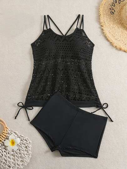 SHEIN Swim 夏季海灘度假多件式泳裝女款純色中空交叉背心泳衣上衣和游泳短褲組合