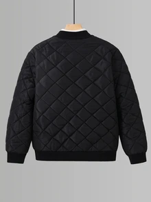SHEIN 兒童青少年男孩保暖內裡加厚黑色夾克，秋冬款，絎縫外套，冬季外套，派克大衣，填充外套，填充外套，絎縫外套 - 黑色 - 查看 4