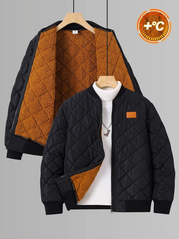 SHEIN Kids Tween Boy Thermal Lined Thick Black Jacket, Autumn/Winter, Quilted Coat, Winter Coat, Parka Coat, Padded Coat, Padded Coat, Quilted Coat - Black - View 2