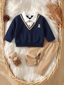 SHEIN 新生兒拼色 2 In Kids Kids 1 學院風 V 領可愛熊圖案半開鈕扣套頭上衣與直筒休閒長褲套裝，適合冬季 - 藍色 - 查看 3