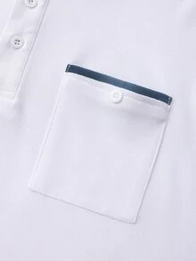 Calvornis 男士拼色長袖休閒口袋通勤辦公工作 Polo 衫 白色與藍色 秋季 - 白色 - 查看 6