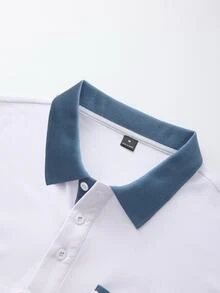 Calvornis 男士拼色長袖休閒口袋通勤辦公工作 Polo 衫 白色與藍色 秋季 - 白色 - 查看 7