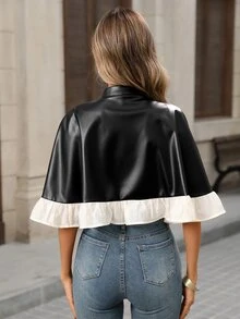 Brillora Women's Autumn/Winter Casual Cape Jacket With Ruffle Hem, Colorblock Design, Open Front, For Outdoor, Travel And Vacation - Black - View 3