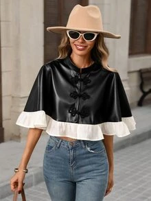 Brillora Women's Autumn/Winter Casual Cape Jacket With Ruffle Hem, Colorblock Design, Open Front, For Outdoor, Travel And Vacation - Black - View 4