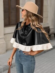 Brillora Women's Autumn/Winter Casual Cape Jacket With Ruffle Hem, Colorblock Design, Open Front, For Outdoor, Travel And Vacation - Black - View 9
