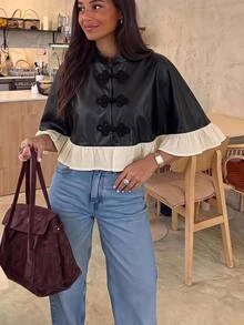 Brillora Women's Autumn/Winter Casual Cape Jacket With Ruffle Hem, Colorblock Design, Open Front, For Outdoor, Travel And Vacation - Black - View 10