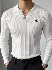 Manfinity CasualKnits 男士純色羅紋 Polo 領毛衣，附小馬標誌，極簡經典日常款 - 白色 - 查看 4