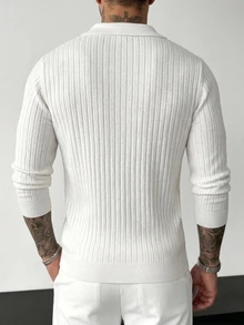 Manfinity CasualKnits 男士純色羅紋 Polo 領毛衣，附小馬標誌，極簡經典日常款 - 白色 - 查看 2