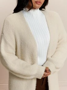 CovetEZ Autumn/Winter Solid Color Plush Soft Casual Elegant Versatile Plus Size Long Cardigan Sweater Evening Formal Cream - Beige - View 4
