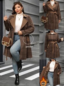 SHEIN Clasi 大尺碼女款格紋長袖口袋長版休閒大衣 冬季 - 彩色 - 查看 9