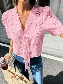 Pariaura Embroidered Floral Trim V-Neck Women Blouse - Baby Pink - View 5
