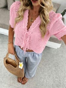 Pariaura Embroidered Floral Trim V-Neck Women Blouse - Baby Pink - View 3