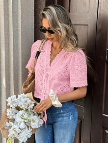 Pariaura Embroidered Floral Trim V-Neck Women Blouse - Baby Pink - View 4