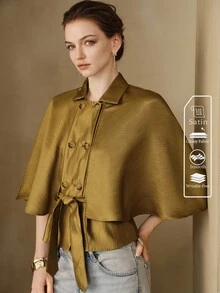 Arave 女款披肩式修身紋理緞面雙排扣翻領收腰優雅復古商務休閒橄欖綠純色通勤夾克 - 芥末黃 - 查看 5