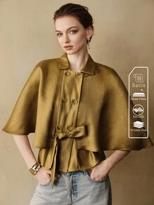 Arave 女款披肩式修身紋理緞面雙排扣翻領收腰優雅復古商務休閒橄欖綠純色通勤夾克 - 芥末黃 - 查看 7