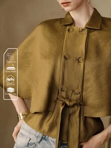 Arave 女款披肩式修身紋理緞面雙排扣翻領收腰優雅復古商務休閒橄欖綠純色通勤夾克 - 芥末黃 - 查看 8