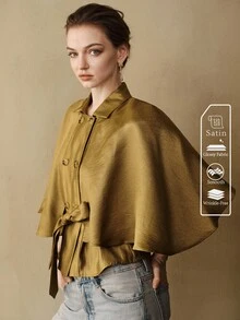 Arave 女款披肩式修身紋理緞面雙排扣翻領收腰優雅復古商務休閒橄欖綠純色通勤夾克 - 芥末黃 - 查看 6