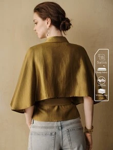 Arave 女款披肩式修身紋理緞面雙排扣翻領收腰優雅復古商務休閒橄欖綠純色通勤夾克 - 芥末黃 - 查看 4