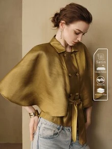 Arave 女款披肩式修身紋理緞面雙排扣翻領收腰優雅復古商務休閒橄欖綠純色通勤夾克 - 芥末黃 - 查看 3