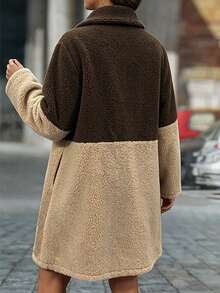 SHEIN LUNE CURVE Plus Size Women's Autumn/Winter Colorblock Patchwork Lapel Lamb Fleece Coat, Mid-Length Single Button Plush Jacket Formal Beige Casual Elegant - Multicolor - View 2