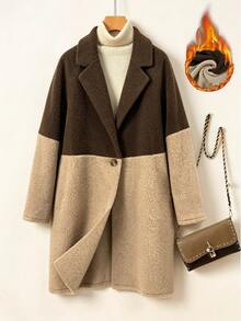 SHEIN LUNE CURVE Plus Size Women's Autumn/Winter Colorblock Patchwork Lapel Lamb Fleece Coat, Mid-Length Single Button Plush Jacket Formal Beige Casual Elegant - Multicolor - View 3
