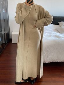Livesso Women's Loose Jacket And Fitted Dress 2 Pieces Set, Autumn - Khaki - View 4
