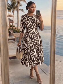 SHEIN Lady CURVE 大尺碼女款斑馬紋圓領短袖優雅洋裝 - 彩色 - 查看 5