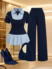 SHEIN Clasi Plus Size Women's Solid Color Contrast Splice Lapel Short Sleeve Fitted Elegant Daily 2 In 1 Shirt T-Shirt + Loose Casual Versatile Pants Set - Navy Blue - View 7