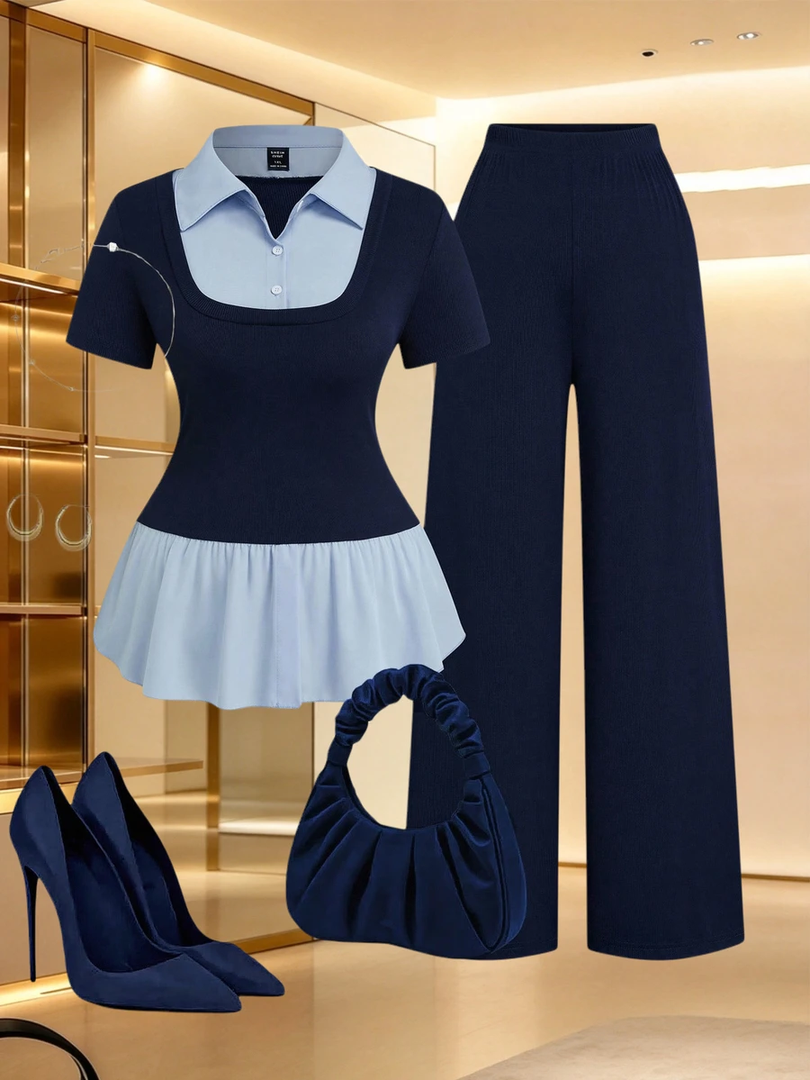 SHEIN Clasi Plus Size Women's Solid Color Contrast Splice Lapel Short Sleeve Fitted Elegant Daily 2 In 1 Shirt T-Shirt + Loose Casual Versatile Pants Set - Navy Blue - View 1