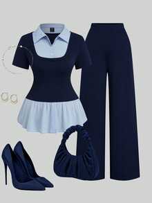 SHEIN Clasi Plus Size Women's Solid Color Contrast Splice Lapel Short Sleeve Fitted Elegant Daily 2 In 1 Shirt T-Shirt + Loose Casual Versatile Pants Set - Navy Blue - View 1