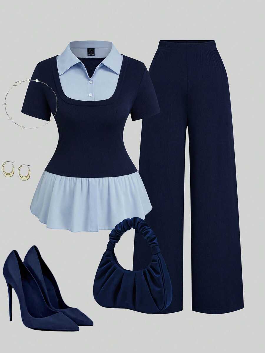 SHEIN Clasi Plus Size Women's Solid Color Contrast Splice Lapel Short Sleeve Fitted Elegant Daily 2 In 1 Shirt T-Shirt + Loose Casual Versatile Pants Set - Navy Blue - View 1