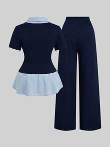 SHEIN Clasi Plus Size Women's Solid Color Contrast Splice Lapel Short Sleeve Fitted Elegant Daily 2 In 1 Shirt T-Shirt + Loose Casual Versatile Pants Set - Navy Blue - View 2