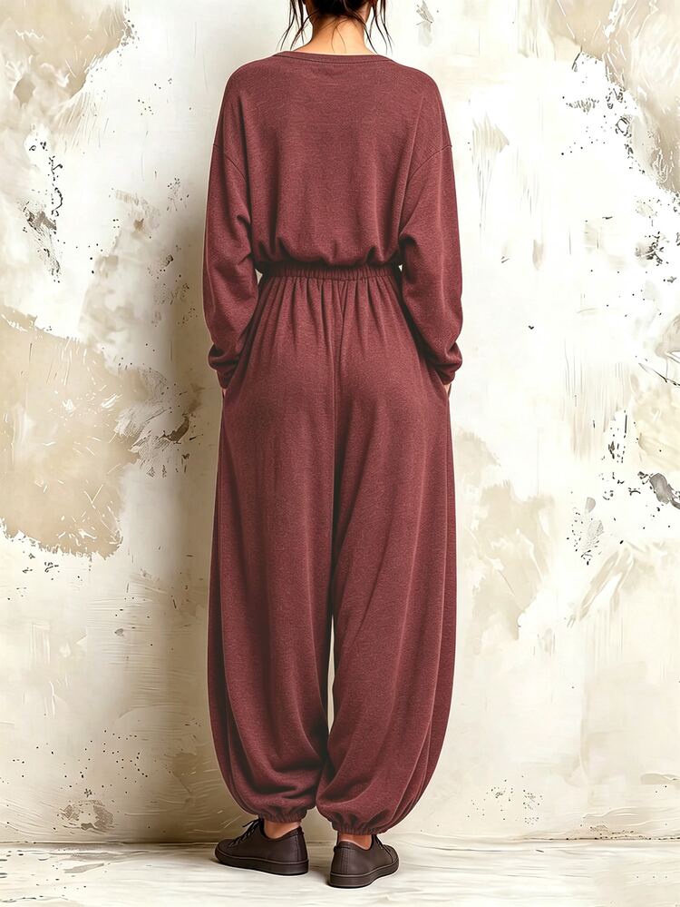 SHEIN Autumn/Winter 2 Pieces Set Home Casual Elegant Outing 2 Pieces Set Comfortable Fabric 2 Pieces Set Basic T-Shirt And Casual Long Pants - Burgundy - View 2