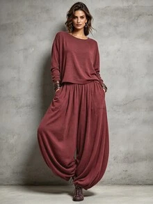 SHEIN 秋冬兩件套居家休閒優雅外出服舒適面料基礎T恤與休閒長褲套裝 - 酒紅色 - 查看 1