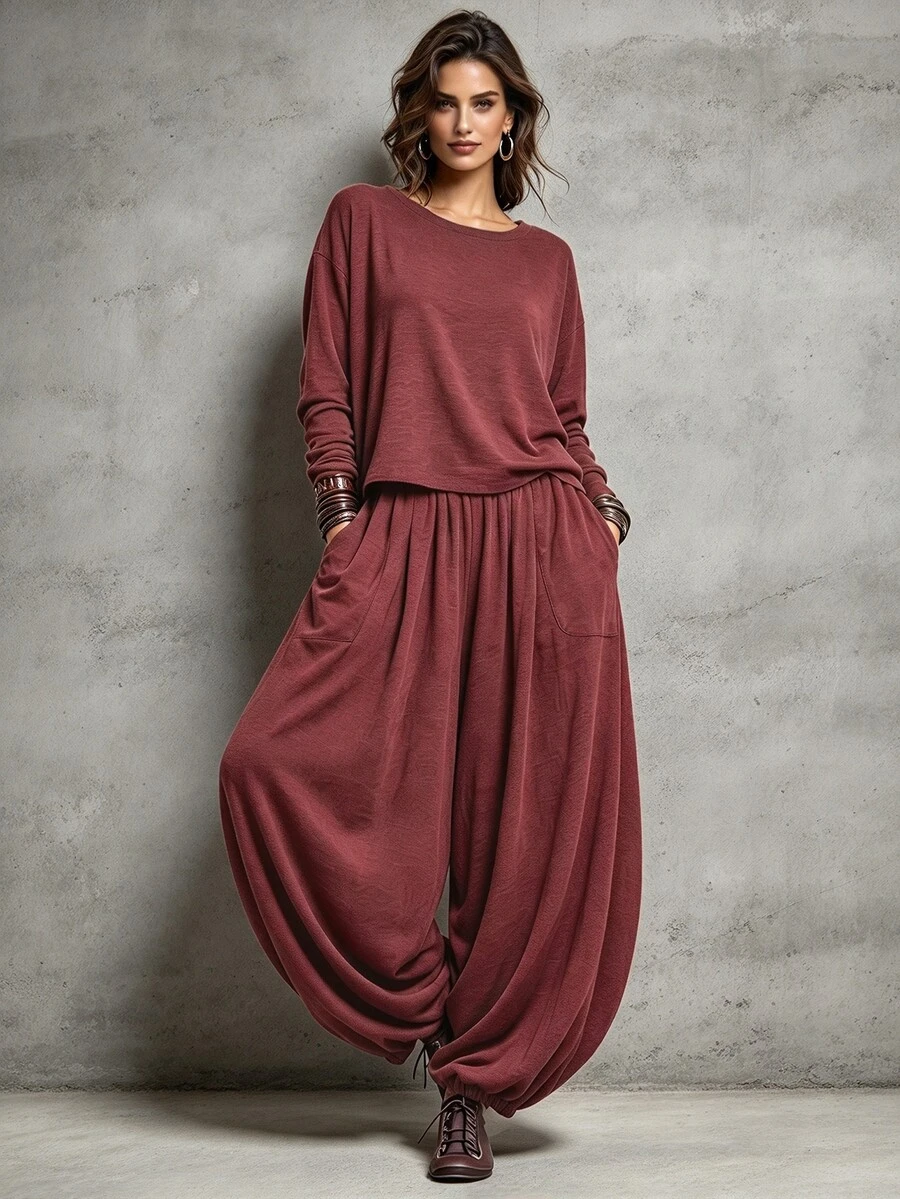 SHEIN 秋冬兩件套居家休閒優雅外出服舒適面料基礎T恤與休閒長褲套裝 - 酒紅色 - 查看 1