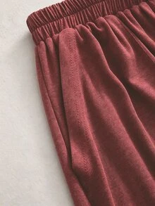 SHEIN 秋冬兩件套居家休閒優雅外出服舒適面料基礎T恤與休閒長褲套裝 - 酒紅色 - 查看 6