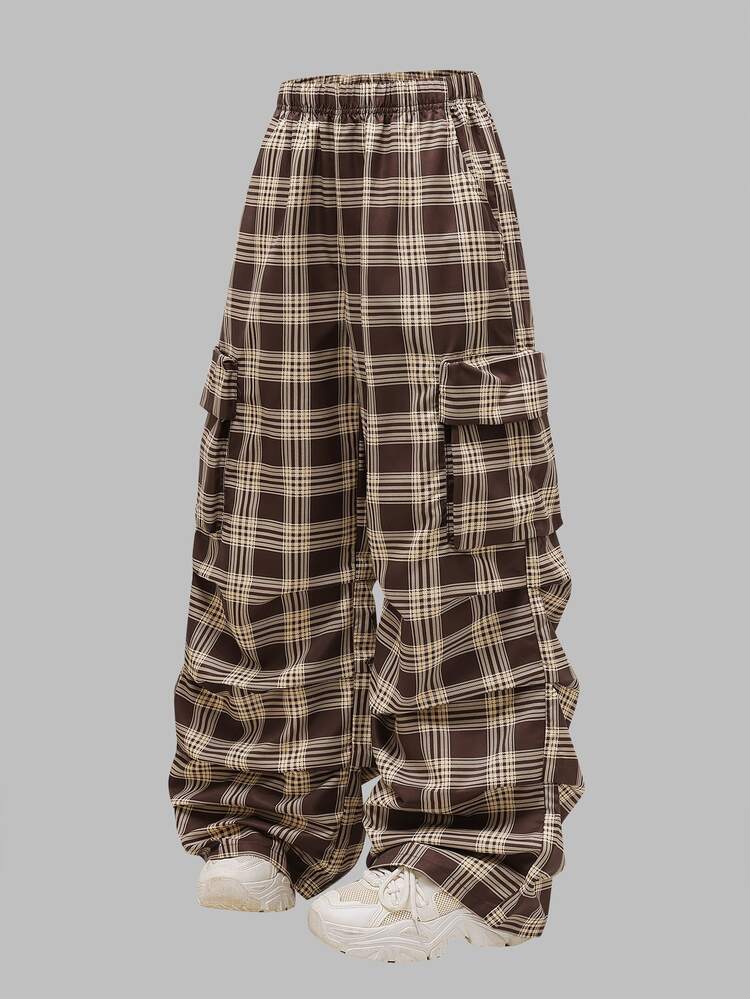 SHEIN Sparklyn Teen Girl Casual Plaid Pleated Cargo Pants For Daily Wear - Brown - View 3