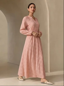 Graceveil 女款鏤空刺繡休閒端莊優雅寬鬆長洋裝，紅色，適合早晨與辦公室，春季 - 粉色 - 查看 5
