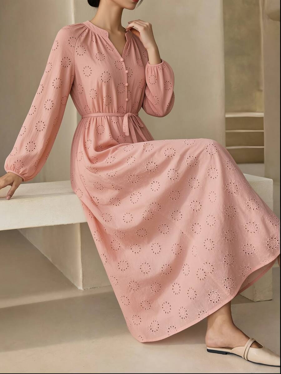 Graceveil 女款鏤空刺繡休閒端莊優雅寬鬆長洋裝，紅色，適合早晨與辦公室，春季
