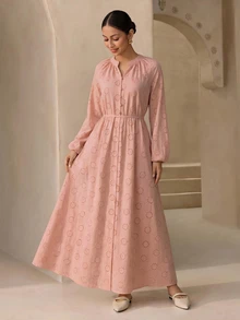 Graceveil 女款鏤空刺繡休閒端莊優雅寬鬆長洋裝，紅色，適合早晨與辦公室，春季 - 粉色 - 查看 9