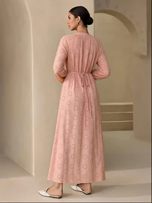 Graceveil 女款鏤空刺繡休閒端莊優雅寬鬆長洋裝，紅色，適合早晨與辦公室，春季 - 粉色 - 查看 3