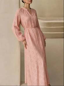 Graceveil 女款鏤空刺繡休閒端莊優雅寬鬆長洋裝，紅色，適合早晨與辦公室，春季 - 粉色 - 查看 8