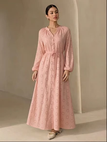 Graceveil 女款鏤空刺繡休閒端莊優雅寬鬆長洋裝，紅色，適合早晨與辦公室，春季 - 粉色 - 查看 6