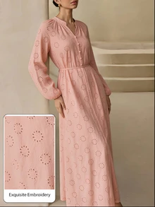 Graceveil 女款鏤空刺繡休閒端莊優雅寬鬆長洋裝，紅色，適合早晨與辦公室，春季 - 粉色 - 查看 4