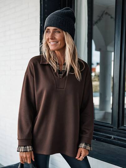 LanaWest Casual sweatshirt för kvinnor med patchworkrutig krage, 2 i 1, lång ärm, termofodrad för höst/vinter