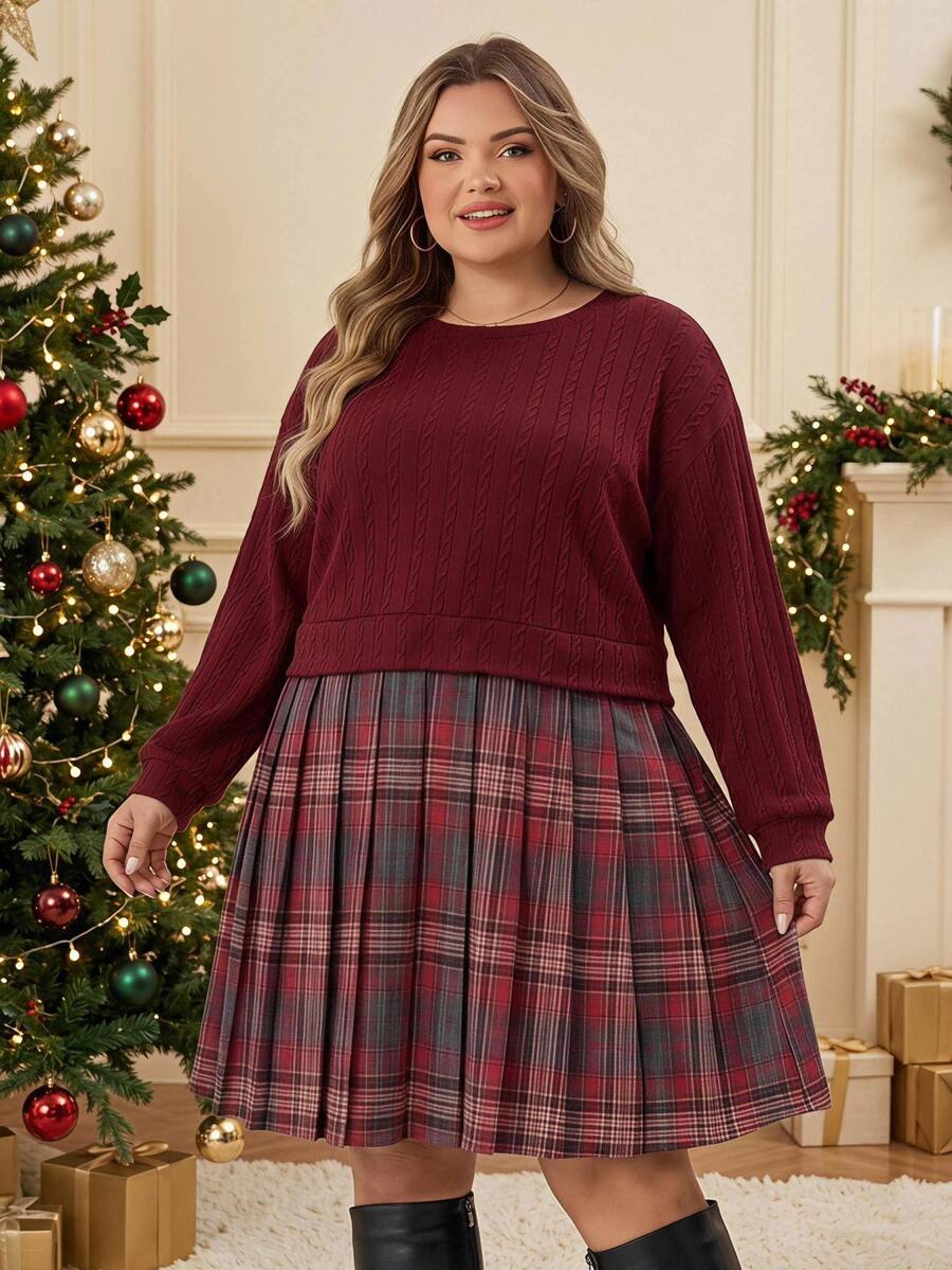 SHEIN CURVE+ فستان سويت شيرت بأكمام طويلة للنساء مقاس كبير بتصميم مربعات ورقعات، مناسب للخريف/الشتاء/عيد الميلاد - متعدد الألوان - مشاهدة 1