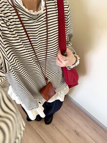 FRIFUL Women's Round Neck All-Over Thin Stripe Loose Petal Sleeve Lace Patchwork Mori Style Long Sleeve T-Shirt Vacation - Khaki - View 5