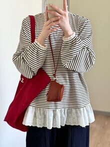 FRIFUL Women's Round Neck All-Over Thin Stripe Loose Petal Sleeve Lace Patchwork Mori Style Long Sleeve T-Shirt Vacation - Khaki - View 8